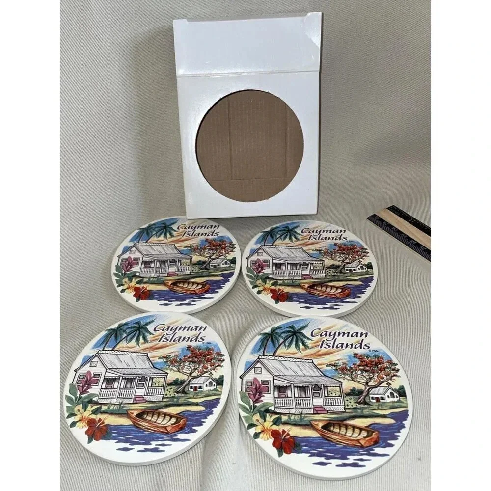 Cayman Islands Ceramic Round Coasters Set Of 4 House Church Water Scene NEW 4”